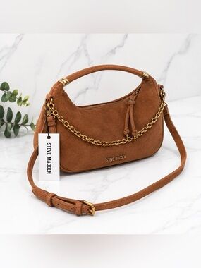 Steve Madden NWT Bpauley 2 Suede Shoulder Bag Latte Brown Gold Chain